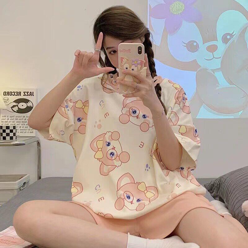 夏季短袖棉绸睡衣女薄款五分裤家居服宽松套装可爱卡通学生可外穿