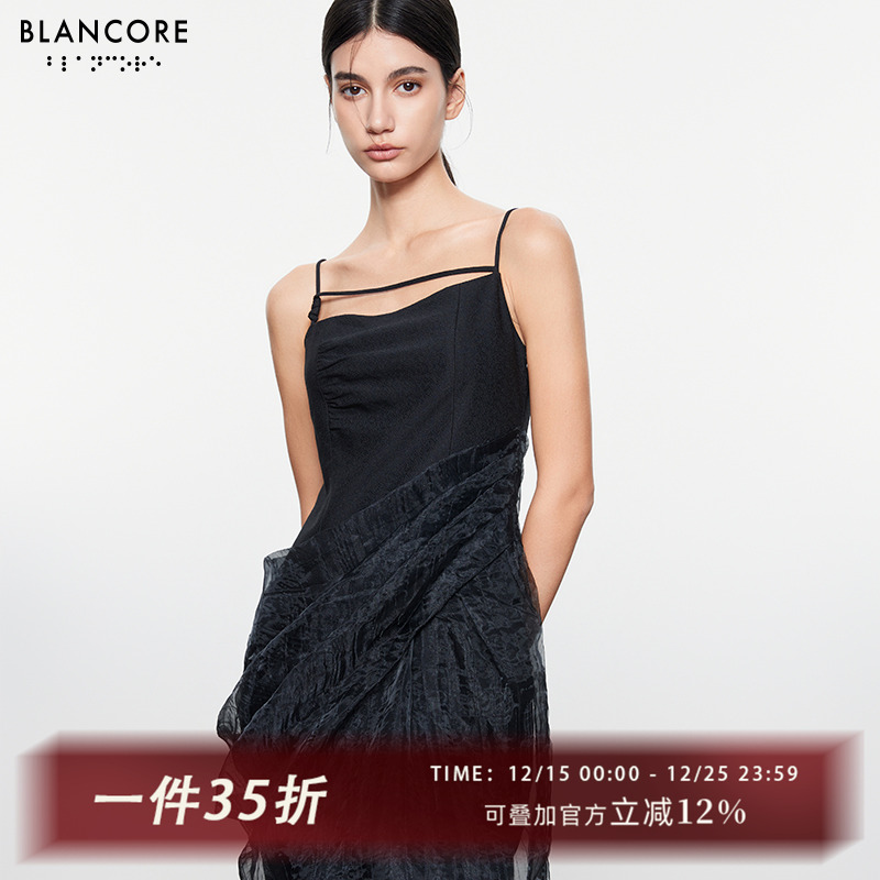 BLANCORE气质优雅拼纱茧形连衣裙
