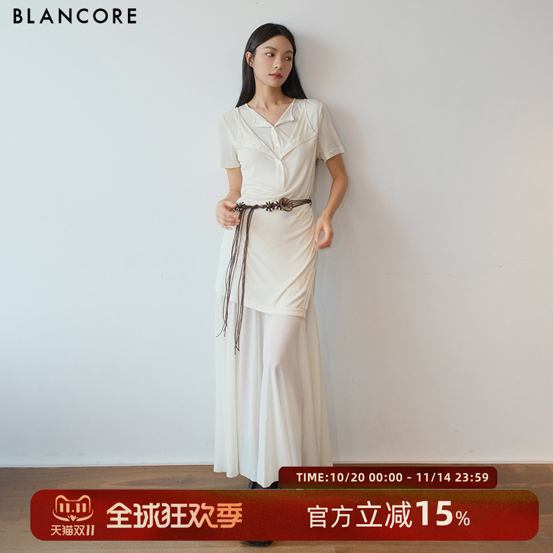 【设计师品牌BLANCORE】25夏新款假两件拼纱波嬉风连衣裙含腰带
