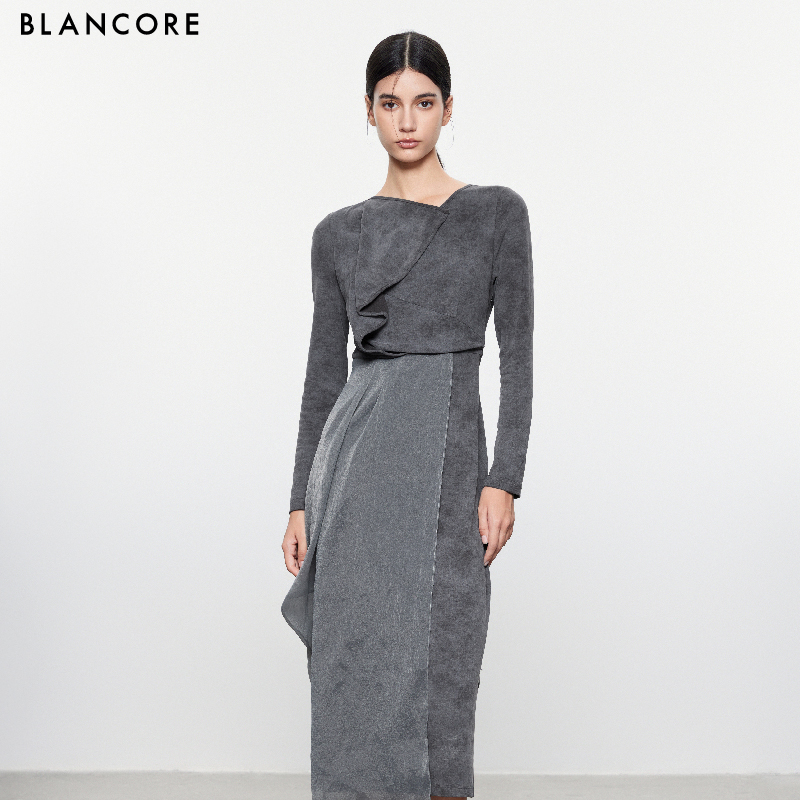 BLANCORE针织拼接褶裥连衣裙