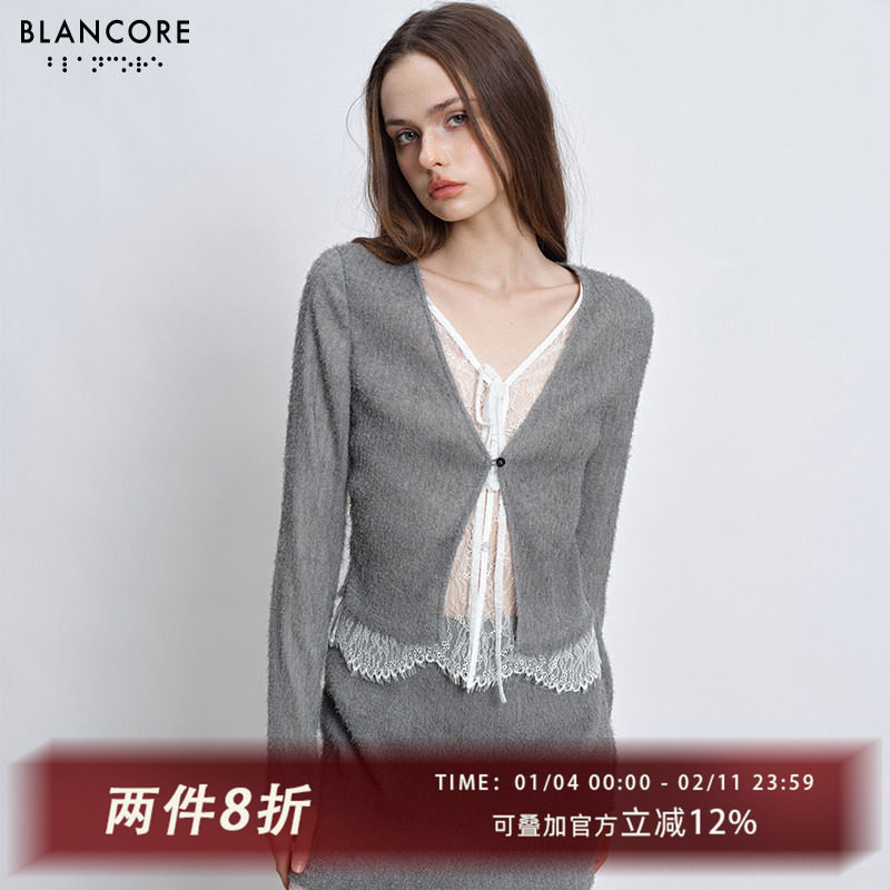 【明星同款BLANCORE】V领镂空蕾丝拼接假两件针织衫开衫上衣女,女装/女士精品,毛针织衫,淘宝优惠券,粉丝福利购,淘宝优惠卷