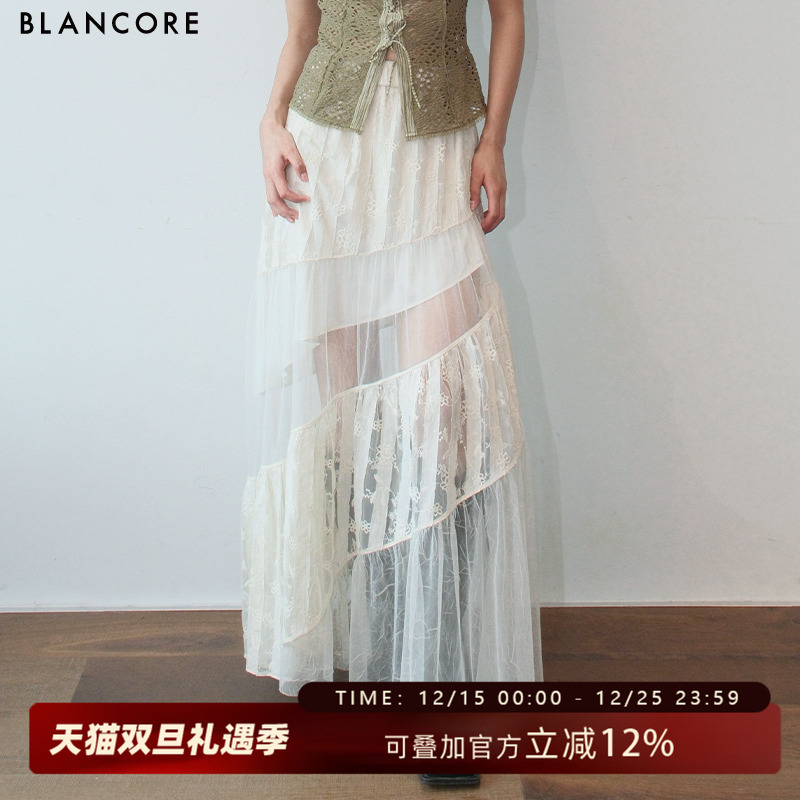 BLANCORE蕾丝拼接网纱透视半裙