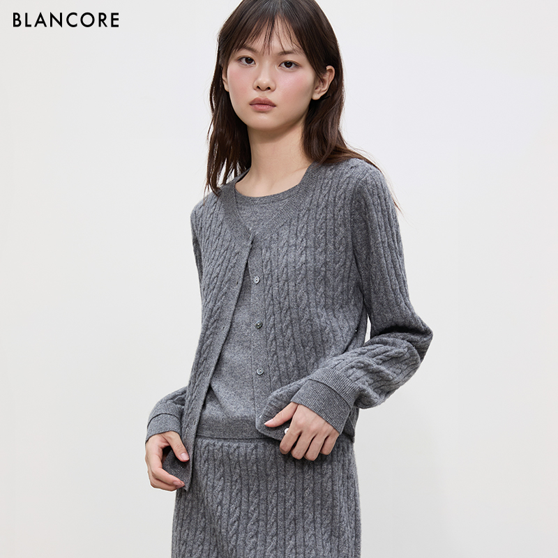 BLANCORE牦牛绒麻花开衫半裙套装