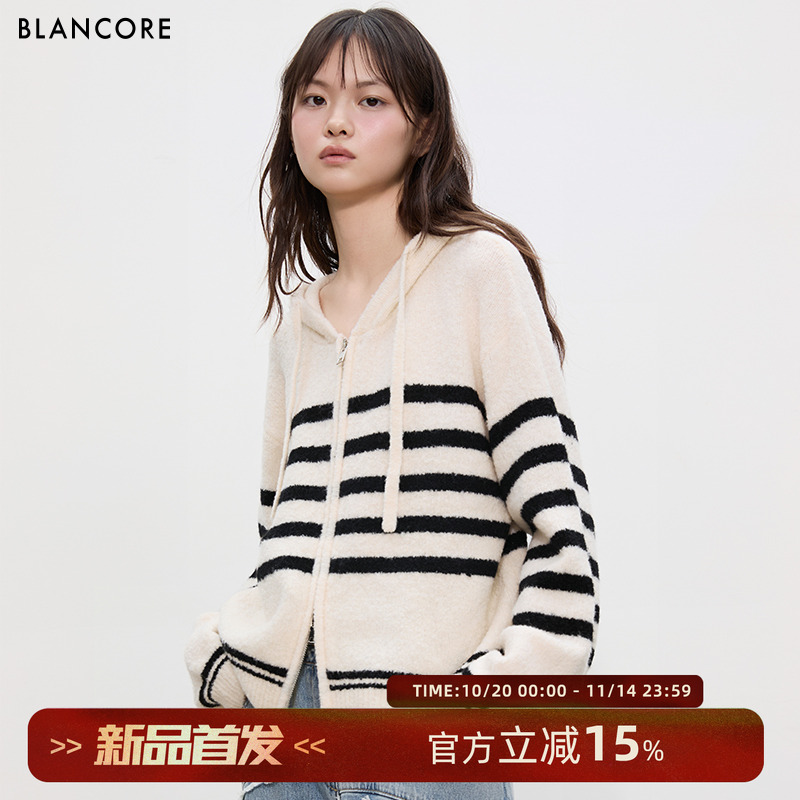 BLANCORE牦牛绒羊毛条纹毛衣外套