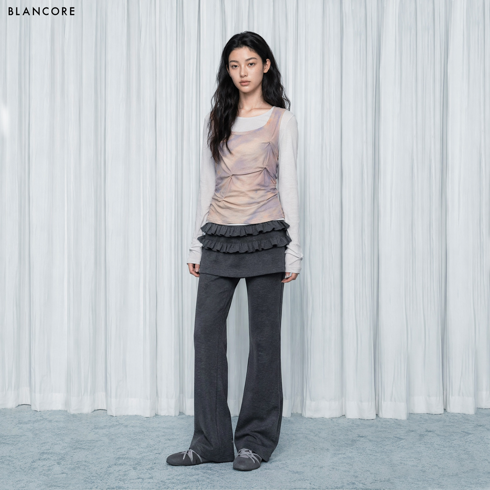 【设计师品牌BLANCORE】2026秋新纯棉撞色假两件晕染上衣长袖T袖