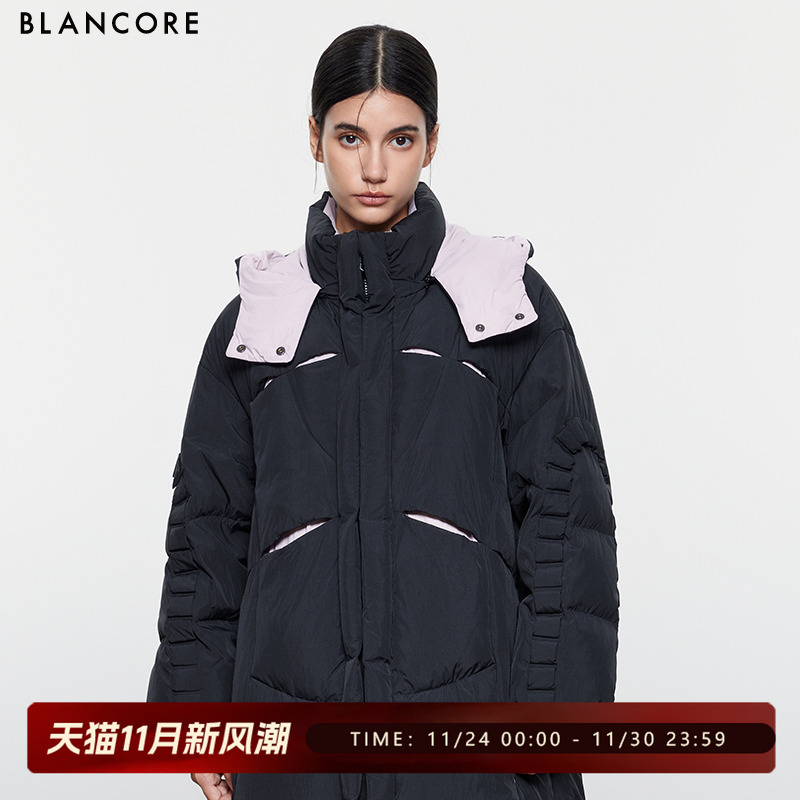BLANCORE拼色带帽长款羽绒服