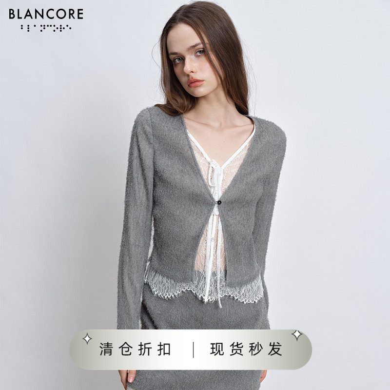 【明星同款BLANCORE】V领镂空蕾丝拼接假两件针织衫开衫上衣女