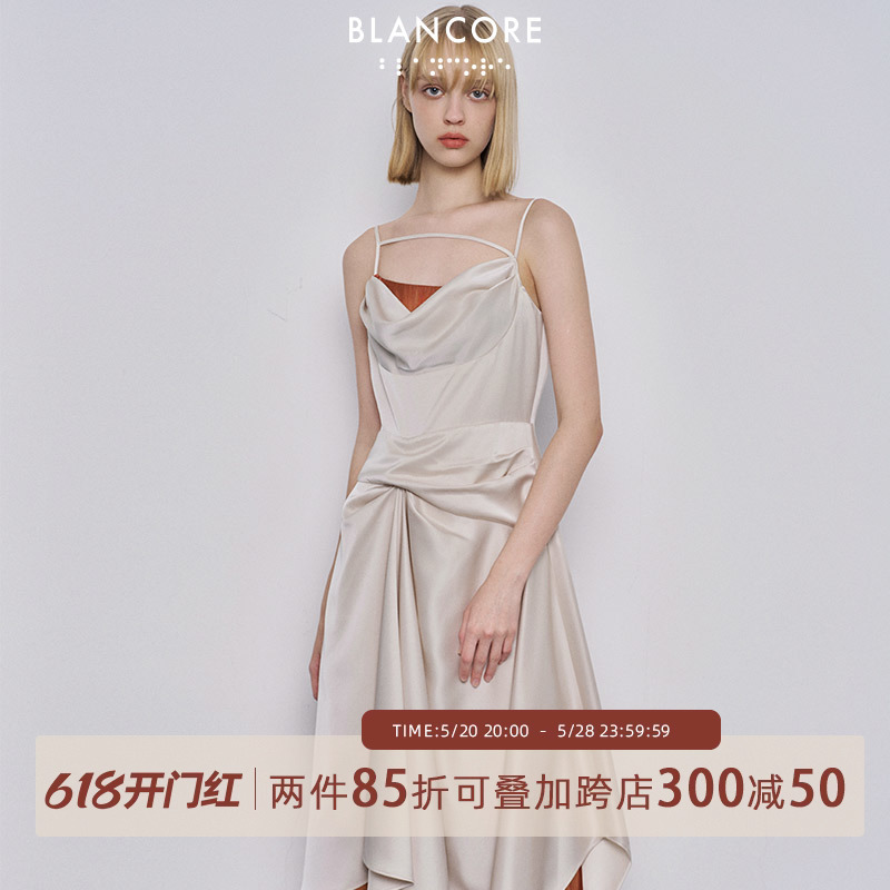 【设计师品牌BLANCORE】23冬新款不规则荡领伞摆礼服裙吊带连衣裙-封面