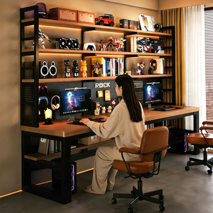 实木电脑桌家用卧室书架书桌洞洞板一体台式电脑桌现代双人写字桌