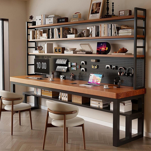 现代电脑桌书桌书架一体学习桌家用简约办公工作台双人学生写字桌