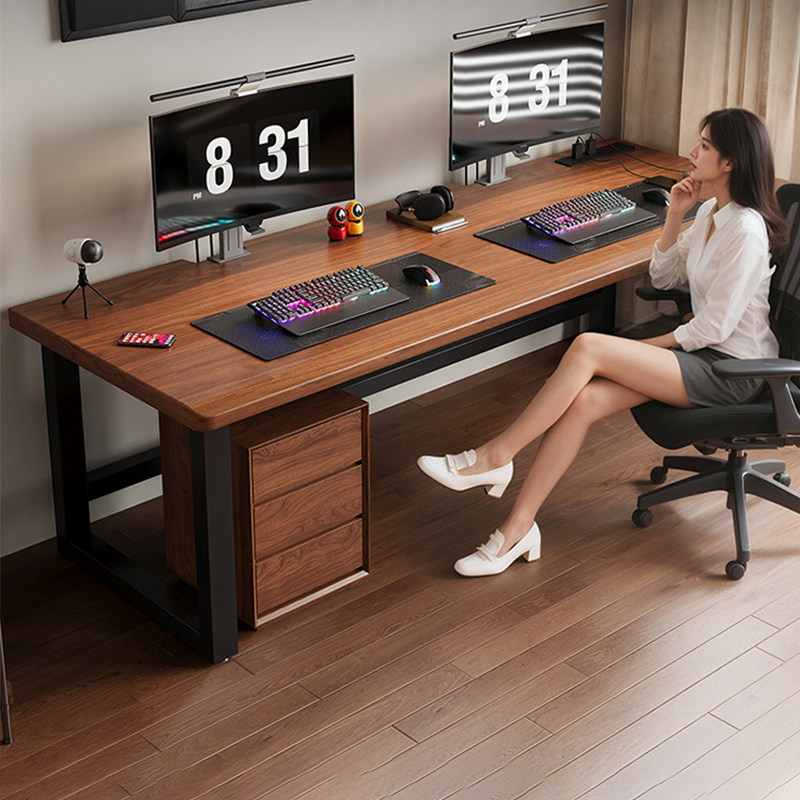 实木电脑桌台式带抽屉家用办公桌工作台电竞桌双人学生学习书桌