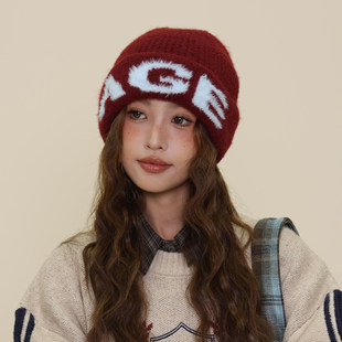 韩系字母毛线帽女秋冬大头围加厚保暖针织帽子显脸小百搭护耳冷帽