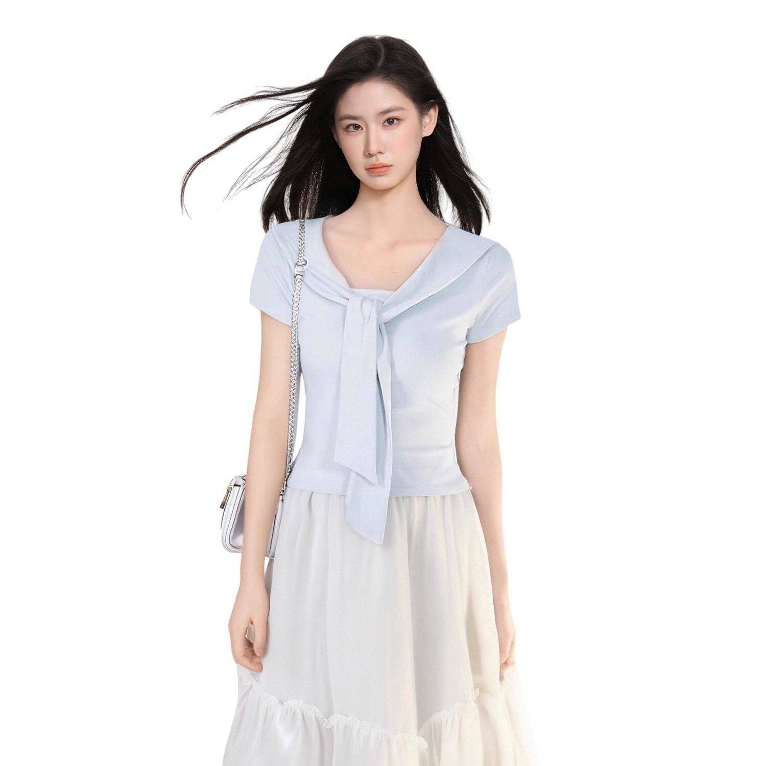 韩系绑带设计V领正肩莫代尔棉短袖T恤女夏季修身显瘦减龄百搭上衣