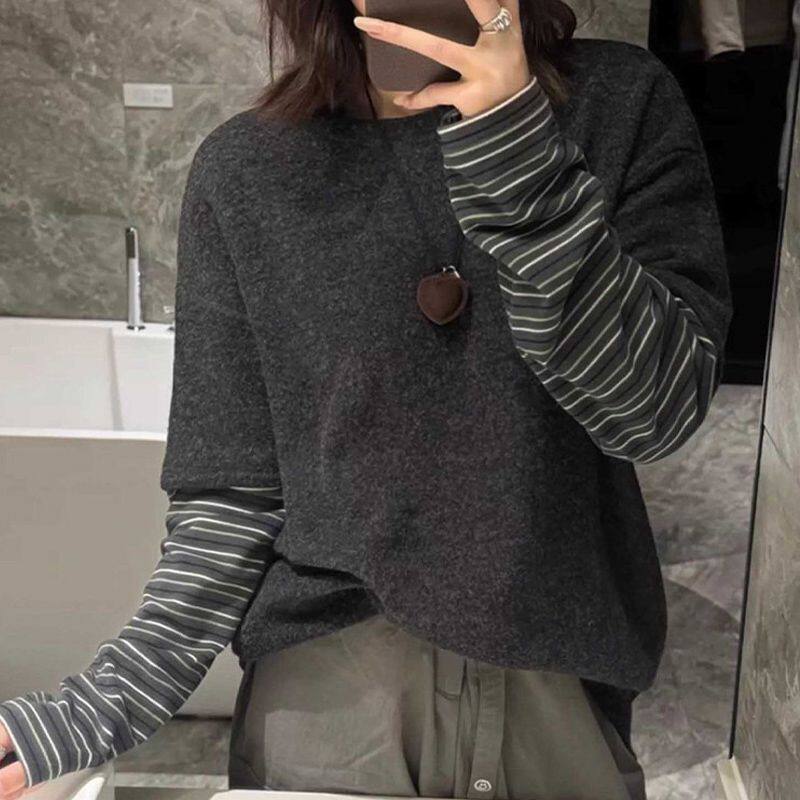 德绒磨毛条纹假两件长袖t恤女