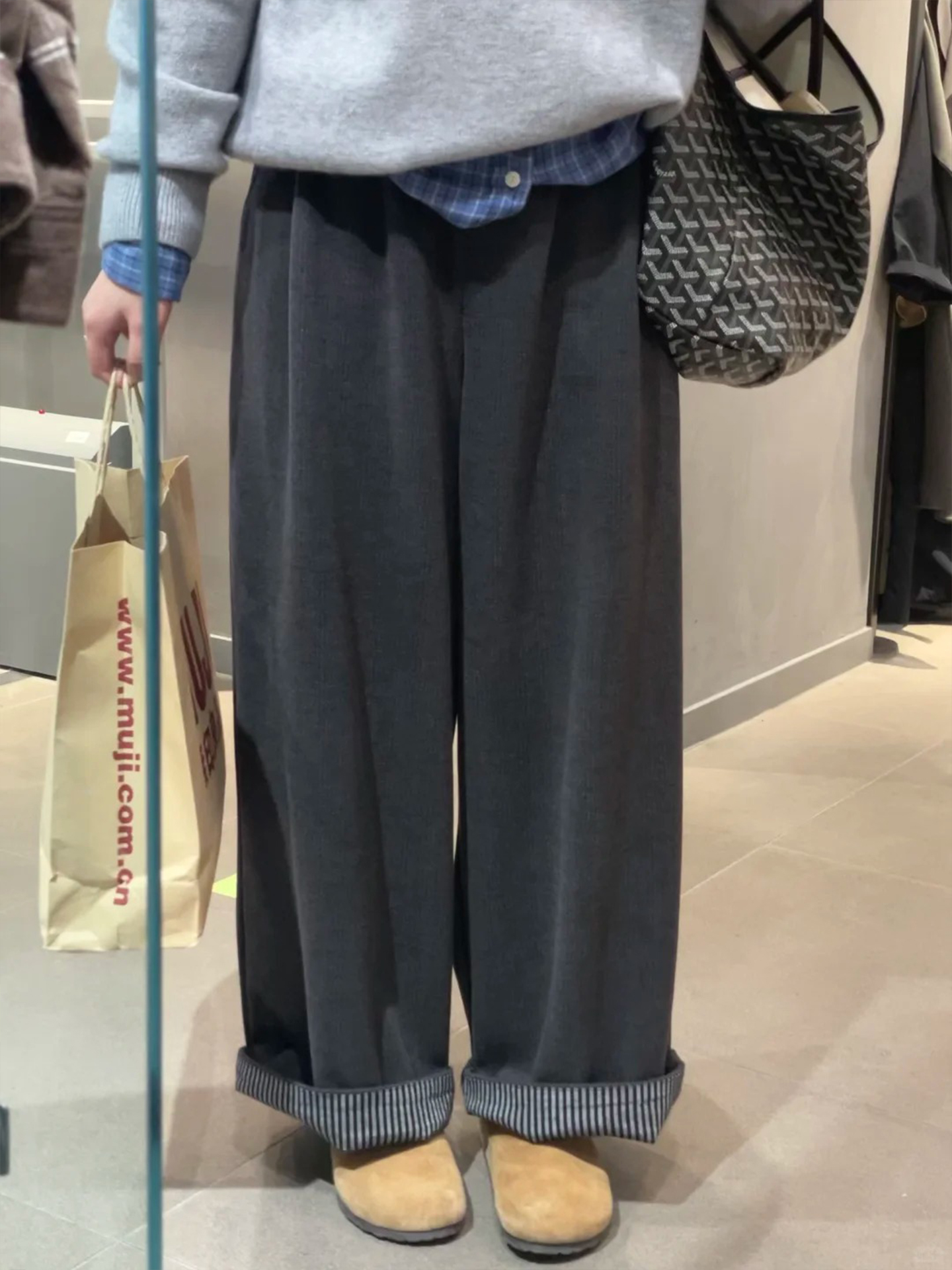Wide-Leg Pants, Loose and Casual Style, 2025 New Autumn and Winter Gray Pants for Women, Fleece-Lined and Thickened, Plus Size, Casual Pants for Plus-Size Women