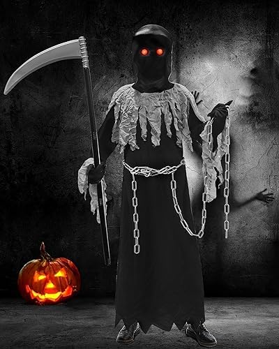 woochic 死神儿童服装 发光红眼睛在黑暗中发光恐怖万圣节服装 男