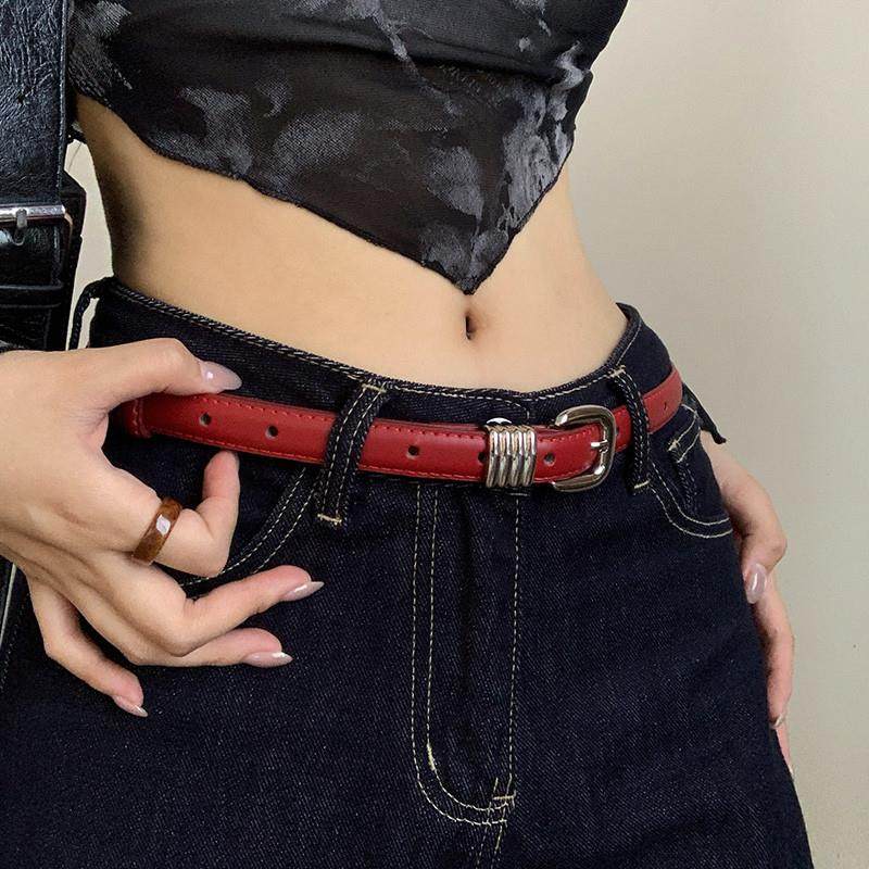 美式复古高级感红色腰带女款2025新款个性潮流辣妹风窄款皮带腰封
