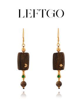 LEFTGO左戈天然沉香随形无事牌耳坠耳吊女翡翠S925银镀18K金耳环