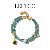 LEFTGO左戈天然危地马拉蓝水翡翠双圈手链女纯银镀金5mm圆珠手串