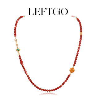 LEFTGO左戈天然满肉南红项链女S925银镀金蜜蜡6mm圆珠108颗毛衣链