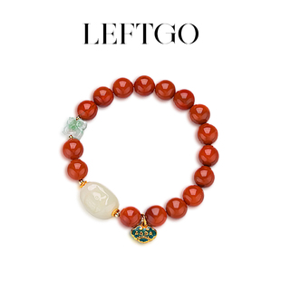左戈天然原矿满肉南红手串女S925纯银镶和田白玉雕刻貔貅手链古风