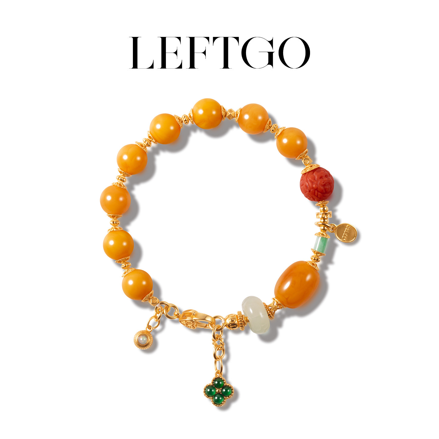 LEFTGO左戈天然俄料老蜜蜡手链女款翡翠银镀18K金9mm圆珠多宝手串