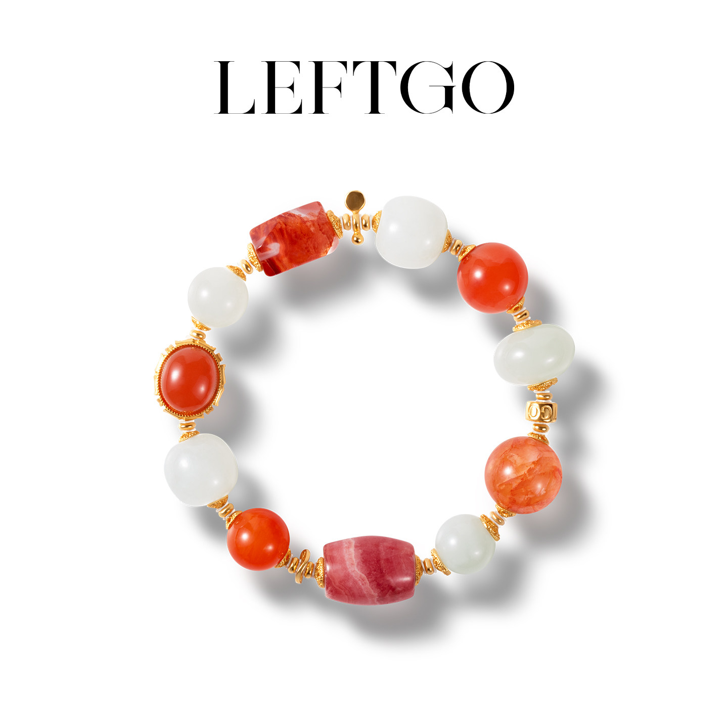 LEFTGO左戈天然南红和田白玉水晶红纹石多宝手串女S925银镀金手链