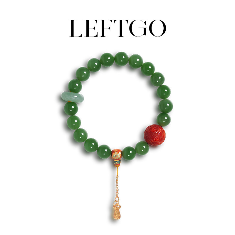 LEFTGO左戈天然和田碧玉手串女回纹珠手链珐琅彩银镀金南红翡翠