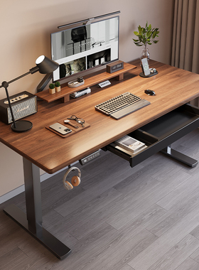 巧思百居双电机智能电动升降桌实木居家办公电脑桌书桌抽屉款SD33