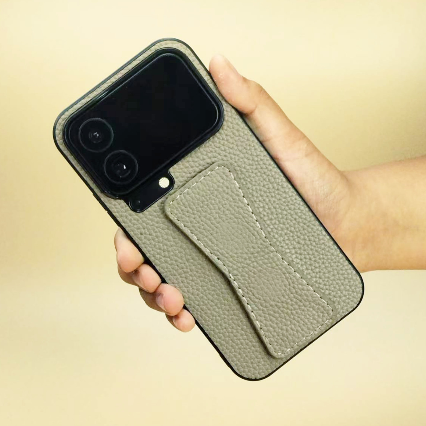 适用于小米17Promax手机壳真皮新款防摔腕带支架直立保护套简约纯色荔枝纹头层牛皮XIAOMI17高端皮质全包便携