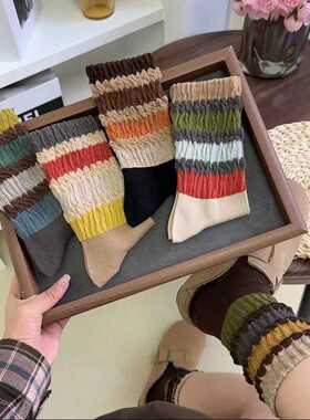 袜子女中筒春夏松口不勒脚高筒学院ins堆堆袜韩版条纹彩虹复古女