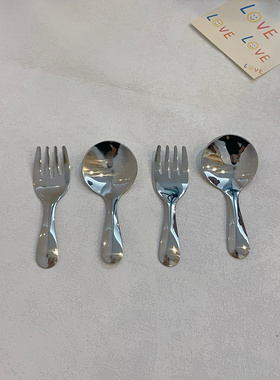 德系高质量网红ins迷你304不锈钢雪糕勺居家短柄可爱儿童勺叉套装