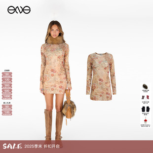 U.S.A Guess 印花圆领长袖 连衣裙女装 25秋 新品 ENG