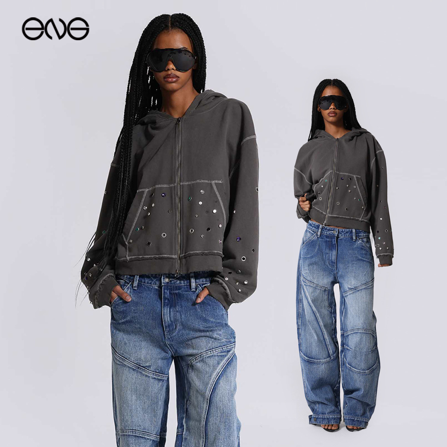 【ENG】JADED LONDON铆钉休闲连帽卫衣拉链外套男女同款新品26夏