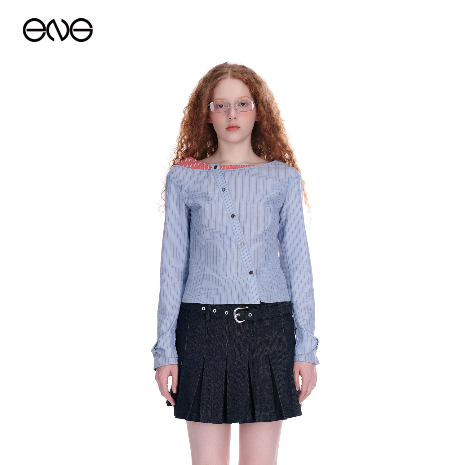 【ENG】Effet de Soleil一字肩条纹长袖衬衫女露肩上衣新品26春