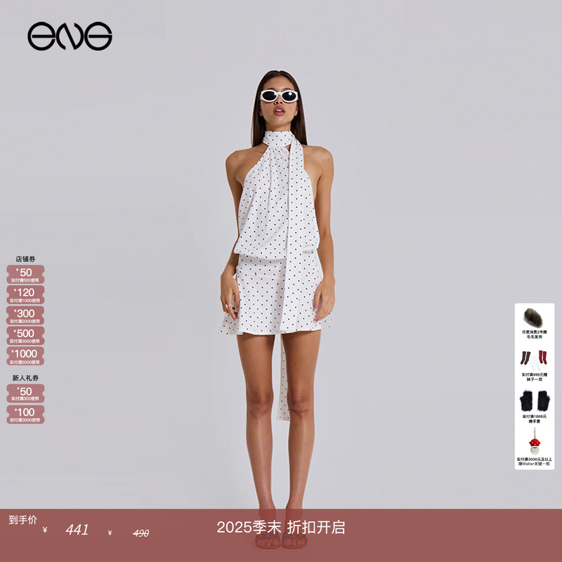 复古法式波点露背连衣裙