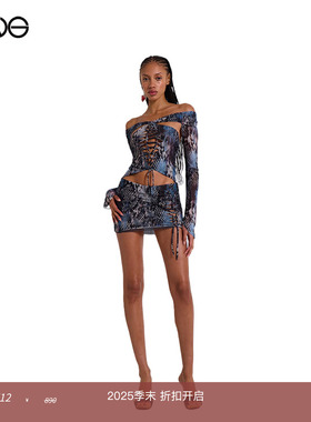 【ENG】JADED LONDON 一字肩镂空抽绳紧身印花连衣裙短裙女