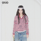 ENG 新品 Effet Soleil T恤上衣女装 V领条纹撞色长袖 25秋