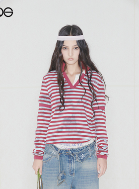 【ENG】Effet de Soleil V领条纹撞色长袖T恤上衣女装新品25秋