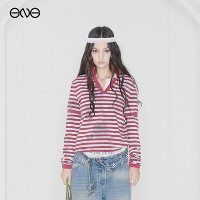 【ENG】Effet de Soleil V领条纹撞色长袖T恤上衣女装新品25秋