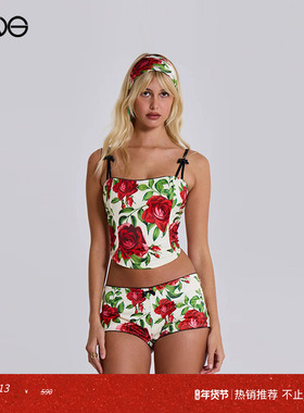 【ENG】JADED LONDON 度假风玫瑰印花缎面紧身吊带背心上衣女装