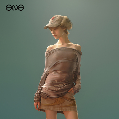 【ENG】Anomalies Department 印花一字肩堆褶长袖上衣女新品25秋