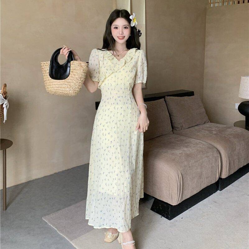 黄色V领甜美碎花连衣裙女
