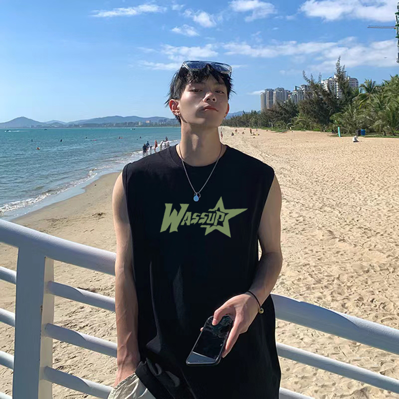 WASSUP背心男夏季无袖T恤2025新款星星纯棉宽松坎肩运动潮流上衣