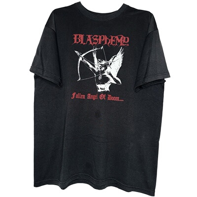 茂密有声工作室Vintage Blasphemy摇滚乐队做旧水洗款纯棉短袖T恤