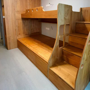 儿童房定制上床下柜良实木错位姐弟床互不打扰桌子一体樱桃木