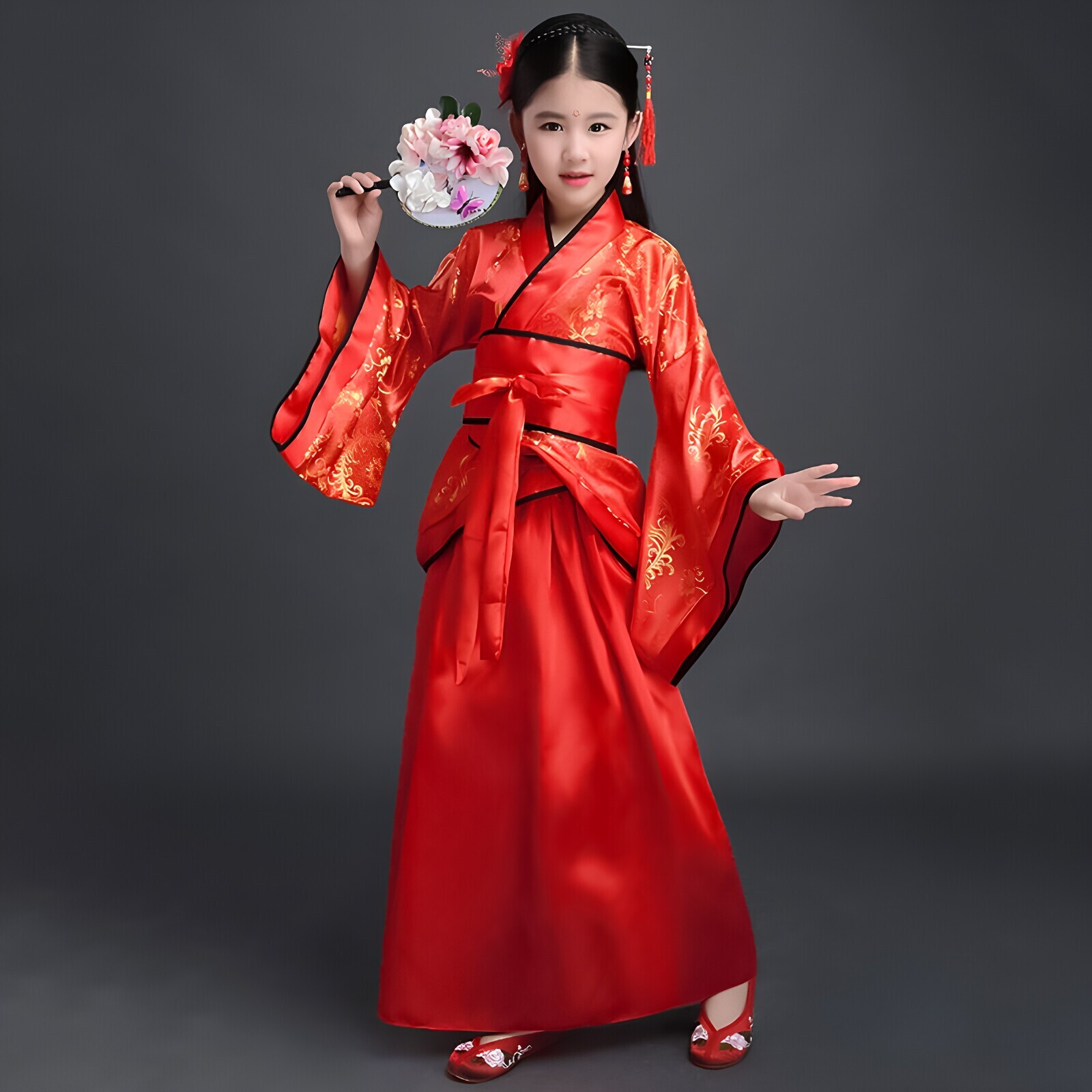 儿童女古装唐装汉服新中式连衣裙服装新款古筝红色演出公主公主裙