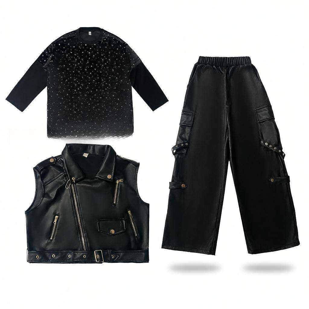 街舞儿童潮服hiphop男童庞克风马甲套装女童爵士舞服装舞蹈演出服