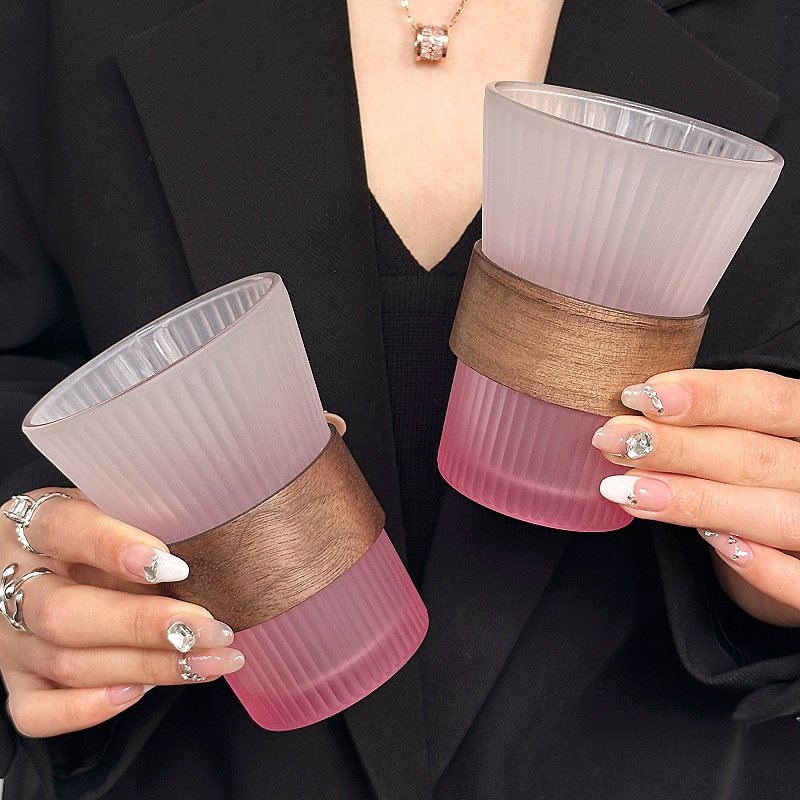 磨砂渐变粉挂耳咖啡杯冰美式拿铁杯高颜值喝茶杯家用玻璃杯喝水杯