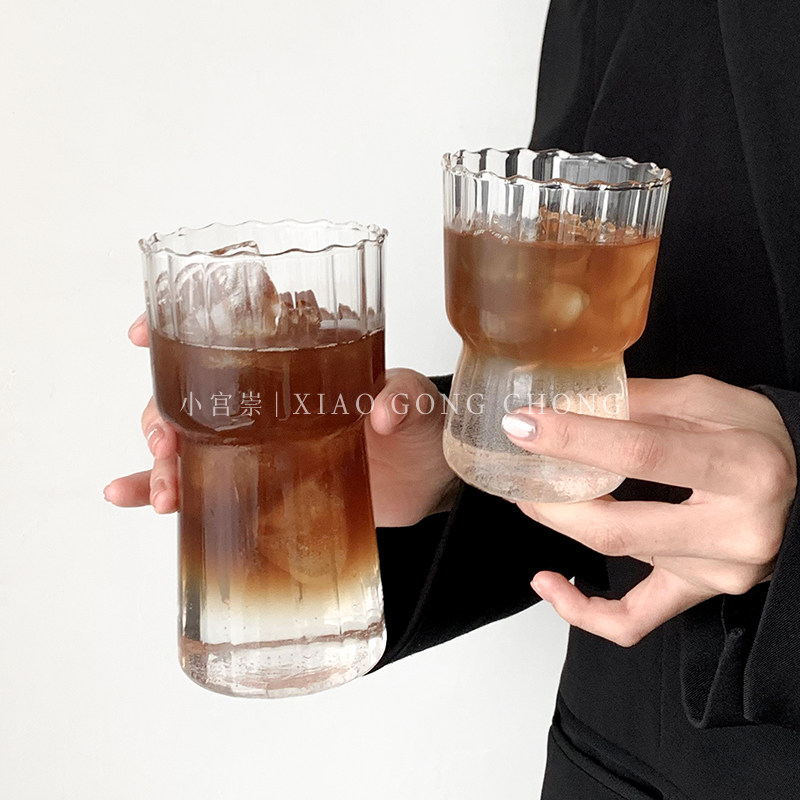小众ins风竖纹玻璃杯咖啡杯复古冰美式拿铁杯耐高温牛奶杯水杯子